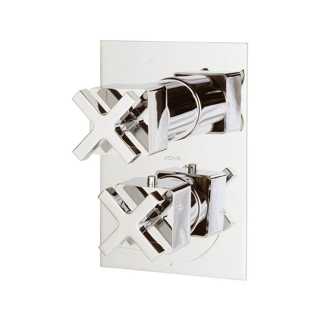 Lacava - TRIM ONLY - Thermostatic Valve w/ 2 way shared diverter + OFF,  GPM 8.5 (60PSI) with rectangular back plate and 2 stacked cross handles - Polished Nickel