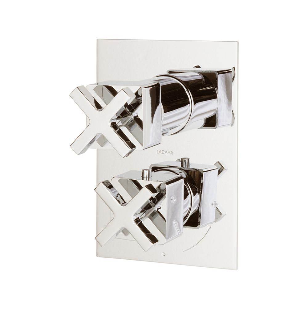 Lacava - TRIM ONLY - Thermostatic Valve w/ 3 way shared diverter + OFF,  GPM 8 (60PSI) with rectangular back plate and 2 stacked lever  handles - Polished Nickel