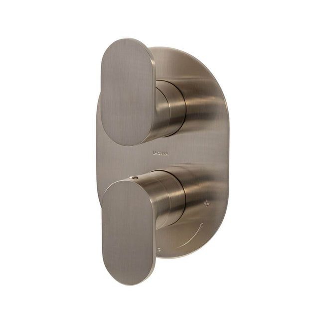 Lacava - Built-in progressive pressure balancing mixer with volume control, two lever handles and an oblong backplate. Water flow rate: 4.2 gpm at 43.5 psi. Rough-in No. VPBP1 sold separately. 5-1/8''W, 7-1/4''H - Brushed Nickel