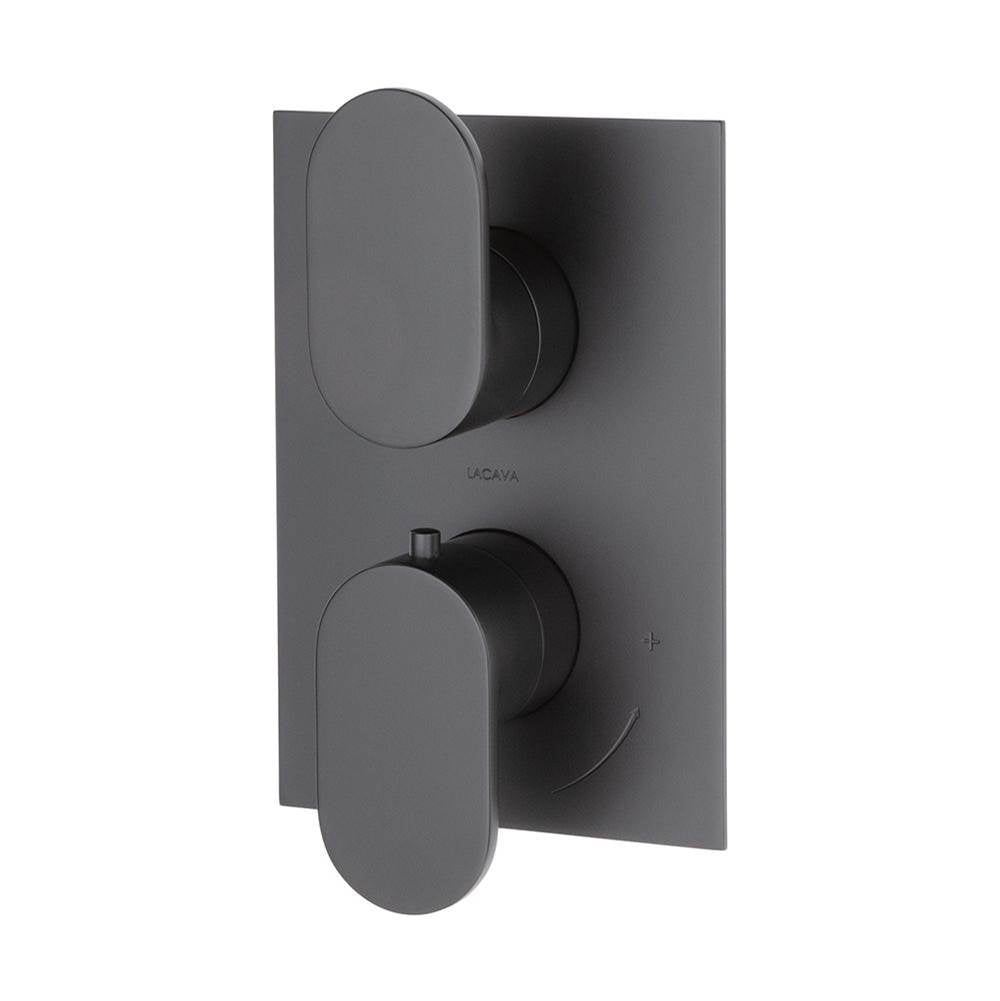 Lacava - TRIM ONLY - Thermostatic Valve w/ 2 way shared diverter + OFF,  GPM 8.5 (60PSI) with rectangular back plate and 2 stacked oval lever handles - Matte Black