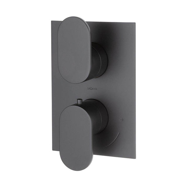 Lacava - TRIM ONLY - Thermostatic Valve w/ 2 way shared diverter + OFF,  GPM 8.5 (60PSI) with rectangular back plate and 2 stacked oval lever handles - Matte Black