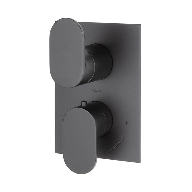 Lacava - TRIM ONLY - Thermostatic Valve w/ 3 way shared diverter + OFF,  GPM 8 (60PSI) with rectangular back plate and 2 stacked oval lever handles - Matte Black