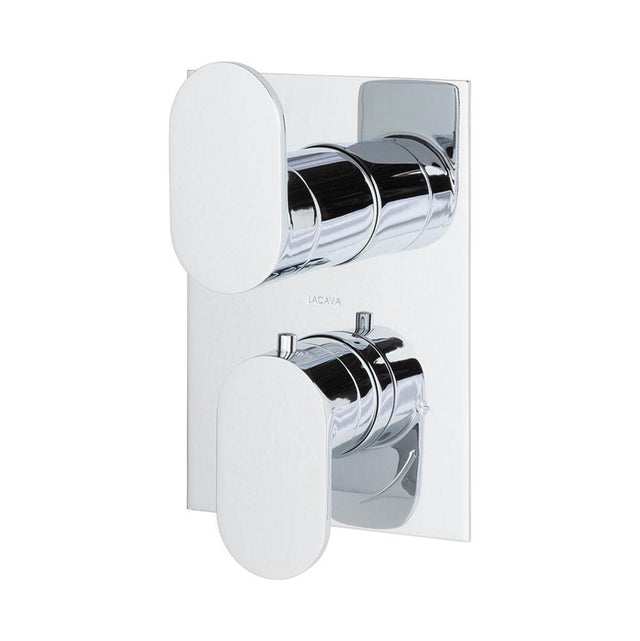 Lacava - TRIM ONLY - Thermostatic Valve w/ 3 way shared diverter + OFF,  GPM 8 (60PSI) with rectangular back plate and 2 stacked oval lever handles - Polished Chrome