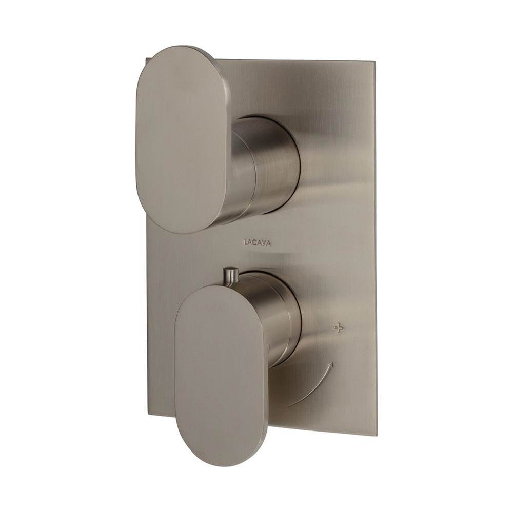 Lacava - TRIM ONLY - Thermostatic Valve w/ 3 way shared diverter + OFF,  GPM 8 (60PSI) with rectangular back plate and 2 stacked oval lever handles - Brushed Nickel