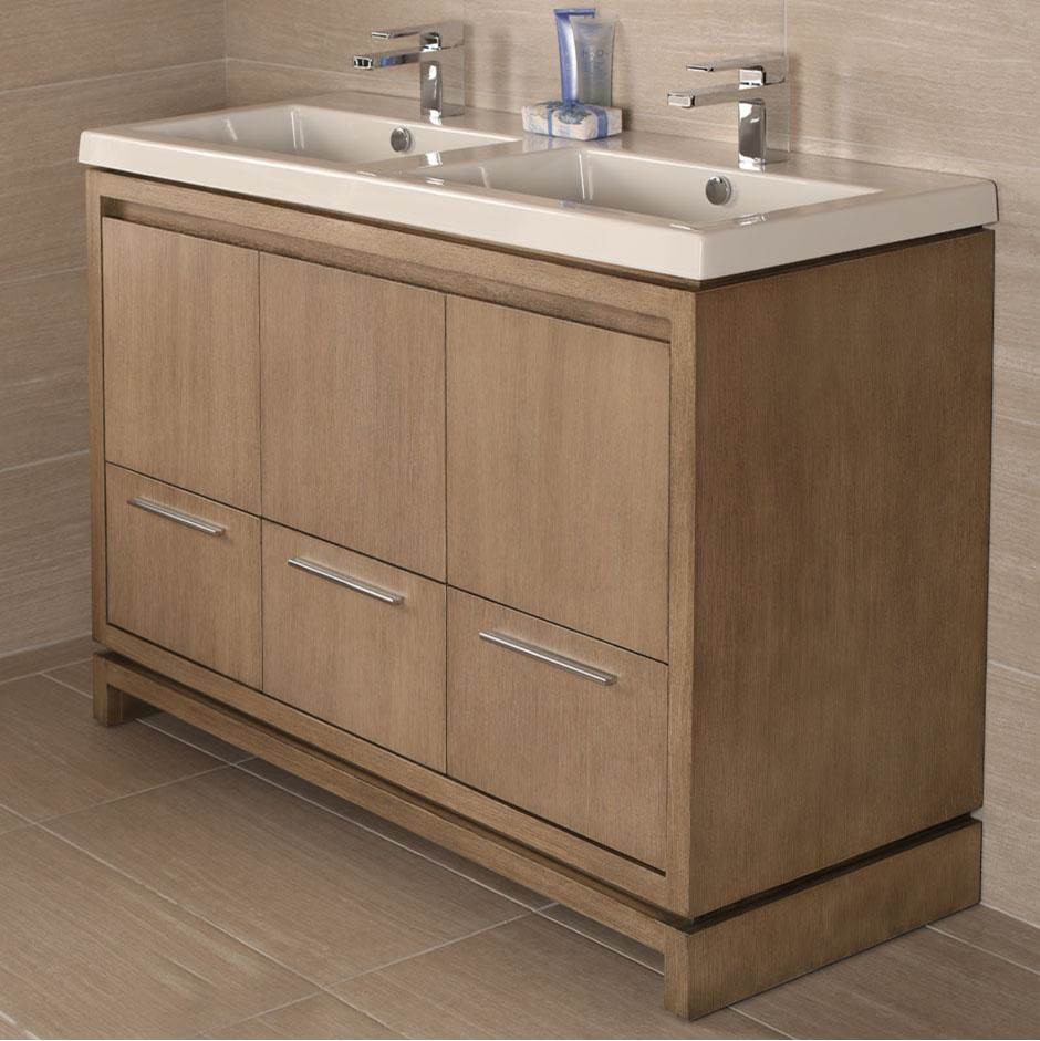 Lacava - Free-standing under-counter vanity with finger pulls across top doors and polished chrome pulls across bottom drawers. - Taupe with Fine Texture