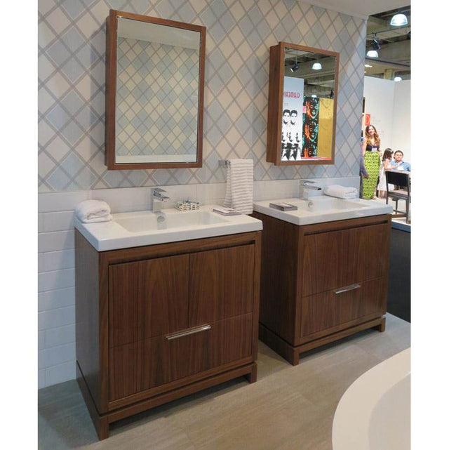 Lacava - Free-standing under-counter vanity with finger pulls across top doors and polished chrome pull across bottom drawer. - Taupe with Fine Texture