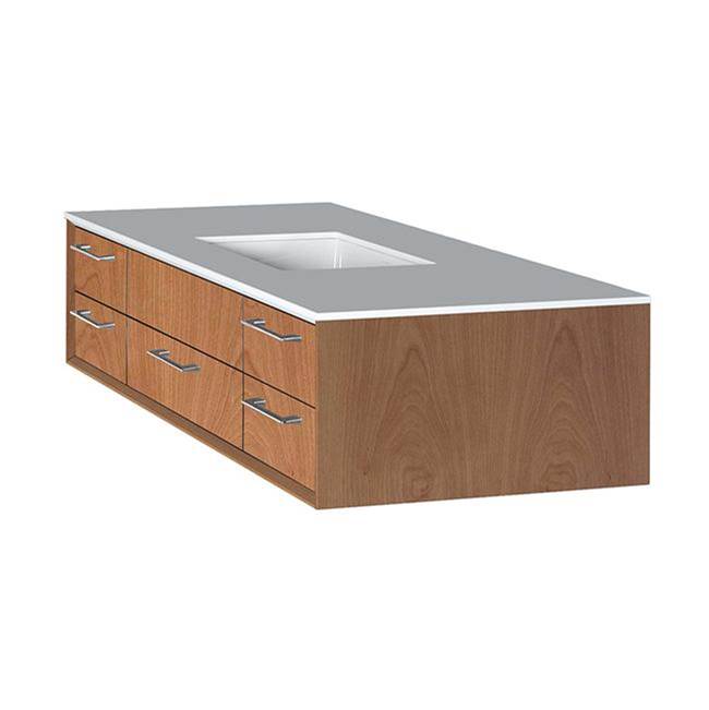 Lacava - Cabinet of wall-mount under-counter vanity featuring five drawers and solid surface countertop with a cut-out for undermount sink on the right - Natural Cherry