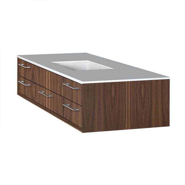 Lacava - Cabinet of wall-mount under-counter vanity featuring five drawers and solid surface countertop with a cut-out for undermount sink on the right - Natural Walnut