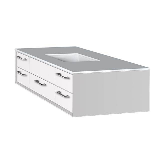 Lacava - Cabinet of wall-mount under-counter vanity featuring five drawers and solid surface countertop with a cut-out for undermount sink on the right - Matte White
