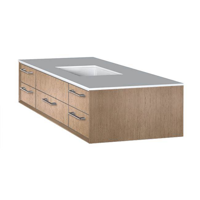 Lacava - Cabinet of wall-mount under-counter vanity featuring five drawers and solid surface countertop with a cut-out for undermount sink on the right - Weathered Oak