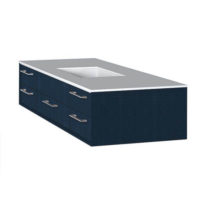 Lacava - Cabinet of wall-mount under-counter vanity featuring five drawers and solid surface countertop with a cut-out for undermount sink on the right - Horizon Blue