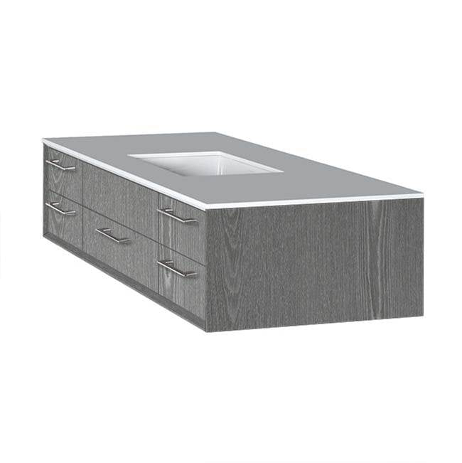 Lacava - Cabinet of wall-mount under-counter vanity featuring five drawers and solid surface countertop with a cut-out for undermount sink on the right - Silver Oak