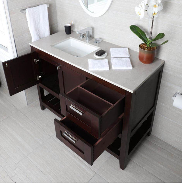 Lacava - Free standing under-counter vanity with two doors(knobs included) on right, two drawers(knobs included) on left and slotted shelf in wood. - Rustic