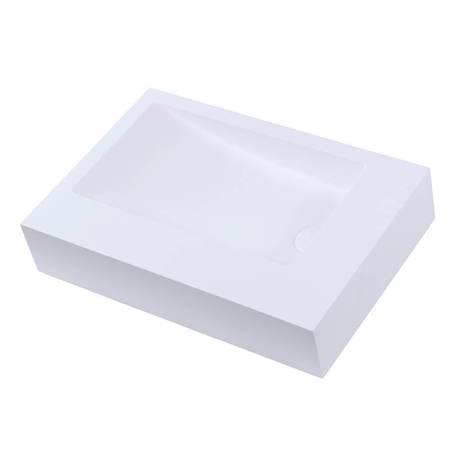 Lacava - Vessel Bathroom Sink with deck on the left, made of solid surface, with an overflow and decorative drain cover. - Matte White