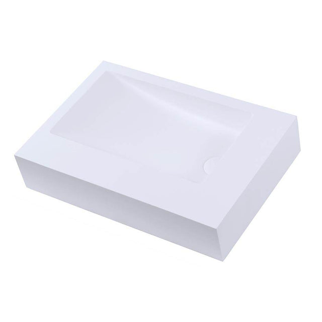 Lacava - Vessel Bathroom Sink with deck on the left, made of solid surface, with an overflow and decorative drain cover. - Matte White