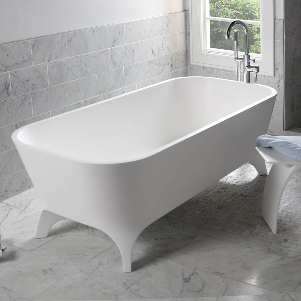 Lacava - Free-standing soaking bathtub made of white solid surface with an overflow and a decorative solid surface drain; net weight 408 lbs - Gloss White