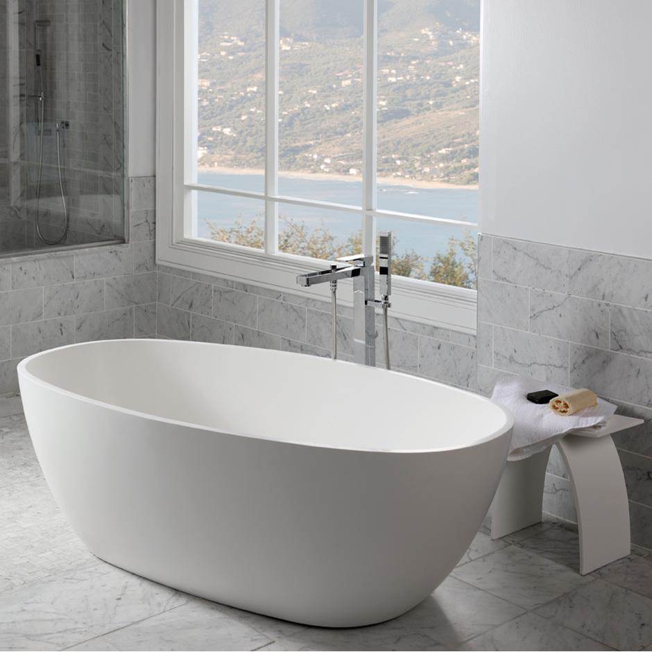 Lacava - Free-standing soaking bathtub made of white solid surface with an overflow and a decorative solid surface drain; net weight 298 lbs - Gloss White