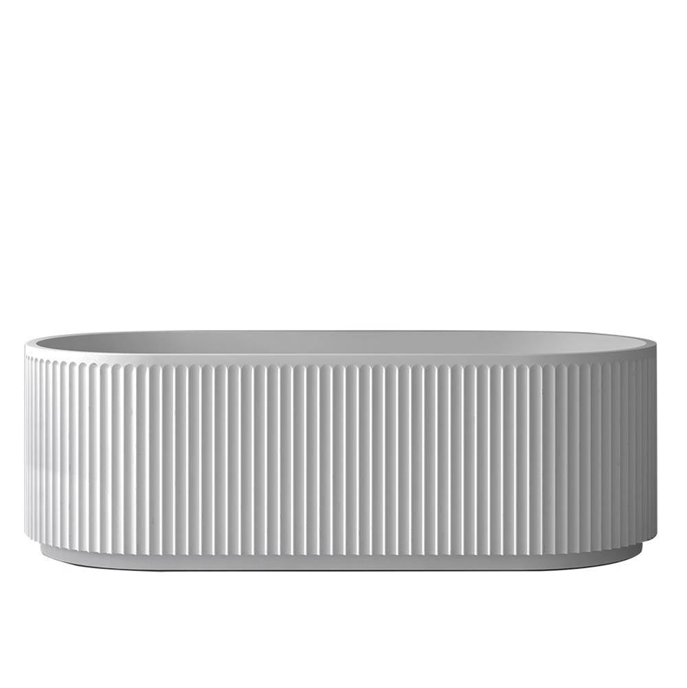 Lacava - Freestanding soaking bathtub with fluted detailing, white solid surface, overflow, and decorative solid surface drain; 353 lbs, 77 gal capacity. Shipping class 5. W67", D30.75", H21.625" - Matte White Solid Surface