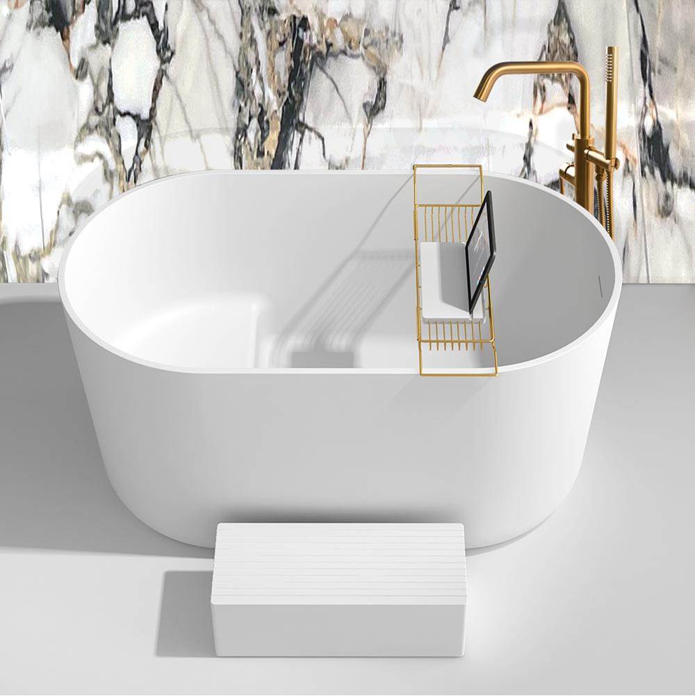 Lacava - Free-standing soaking bathtub made of white solid surface with overflow, a decorative solid surface drain and step included; net weight 331 lbs, water capacity 84 gal. Shipping class 5. 53-1/8''W, 29-1/2''D, 29-1/2''H - Matte White Solid Surface