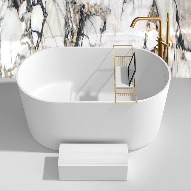 Lacava - Free-standing soaking bathtub made of white solid surface with overflow, a decorative solid surface drain and step included; net weight 331 lbs, water capacity 84 gal. Shipping class 5. 53-1/8''W, 29-1/2''D, 29-1/2''H - Matte White Solid Surface