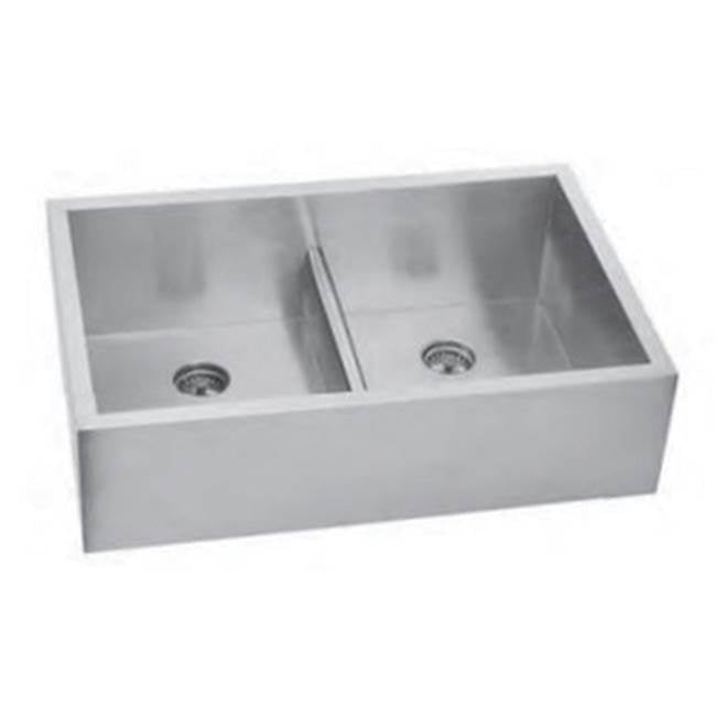 Lenova - Low Divider Double BowlApron Farm House Sink - Brushed Satin