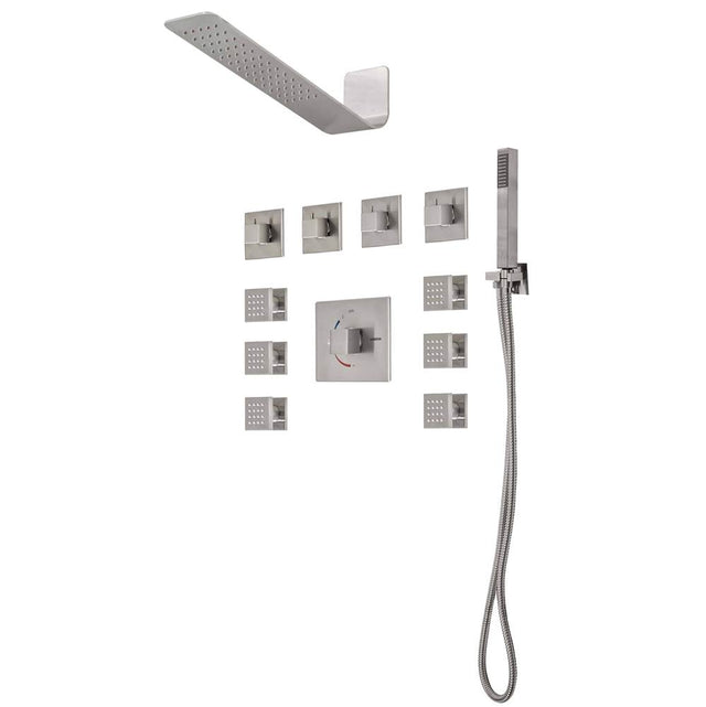 Lenova - 4PC - Shower Set Includes: Shower Head Square 16'' x 4-3/4'' Thermostatic/Pressure Valve Trim Kit - Square - Brushed Nickel
