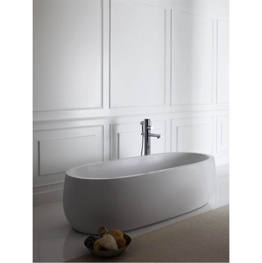 Freestanding bathtub, made of Sentec solid surface, with centered outlet, with lifting system, Matte Satin finish