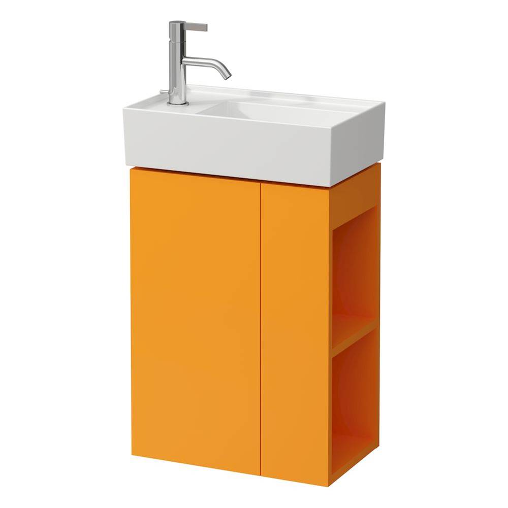 Small washbasin, tap bank left, with concealed outlet, w/o overflow, wall mounted
