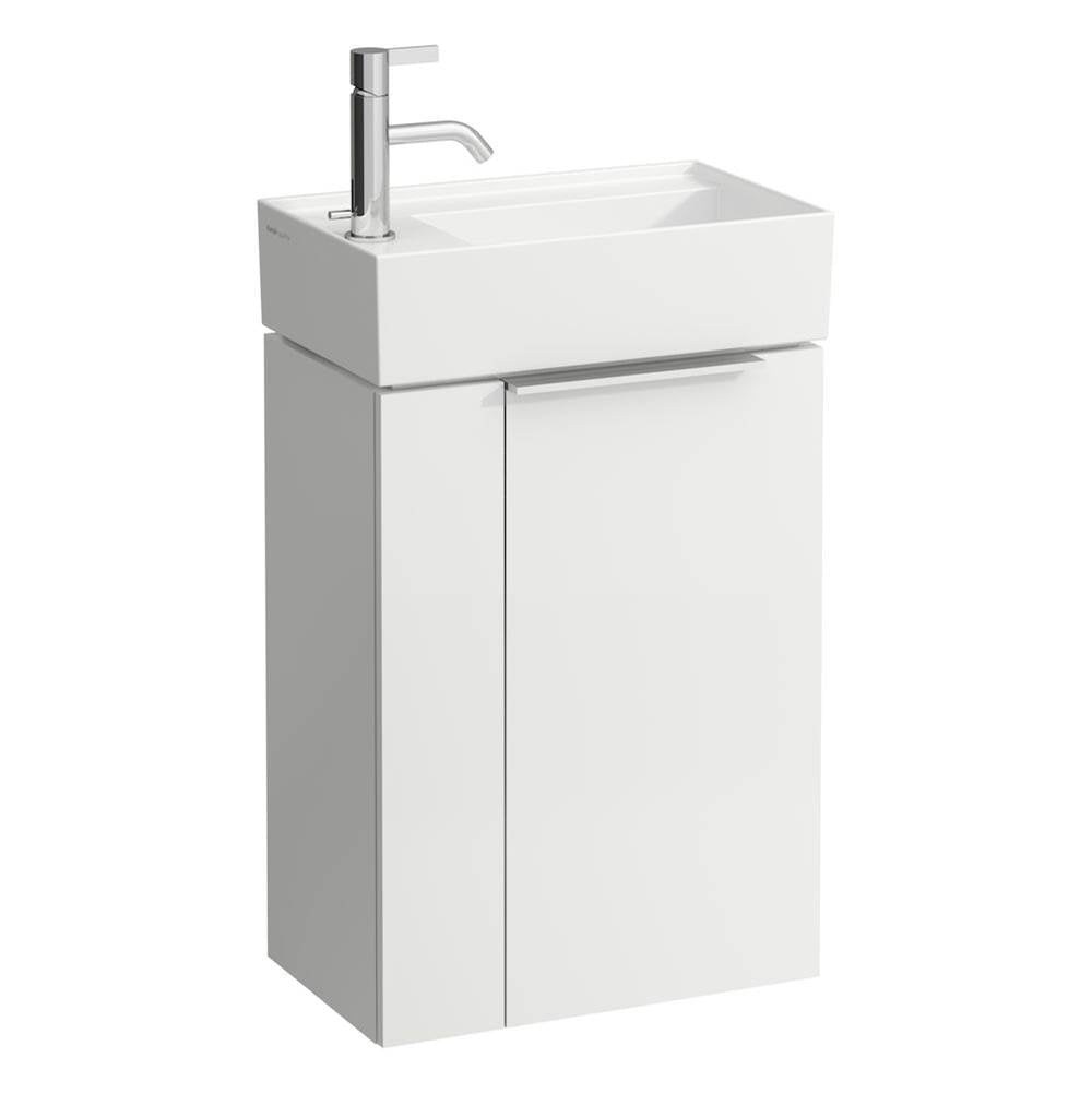 Small washbasin, tap bank left, with concealed outlet, w/o overflow, wall mounted