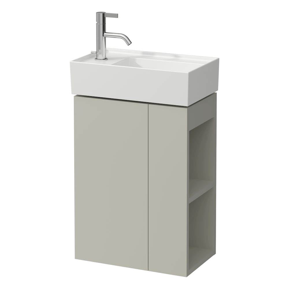 Small washbasin, tap bank left, with concealed outlet, w/o overflow, wall mounted