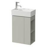 Small washbasin, tap bank left, with concealed outlet, w/o overflow, wall mounted