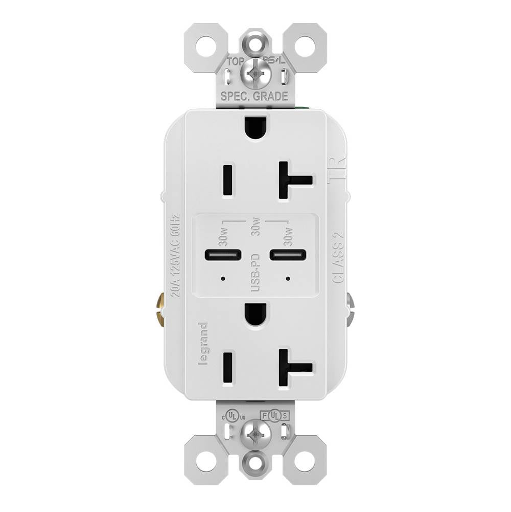 radiant 20A Tamper-Resistant Ultra-Fast PLUS Power Delivery USB Type-C/C Outlet - White