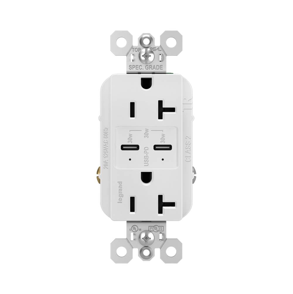 radiant 20A Tamper-Resistant Ultra-Fast PLUS Power Delivery USB Type-C/C Outlet - White