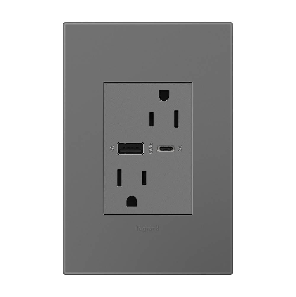 adorne Dual-USB, 15A, Tamper-Resistant, A/C USB Hybrid Outlet, Magnesium