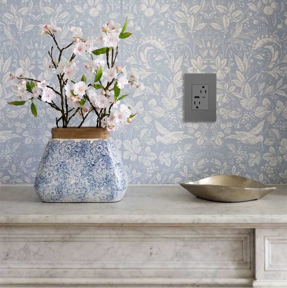 adorne Dual-USB, 15A, Tamper-Resistant, A/C USB Hybrid Outlet, Magnesium