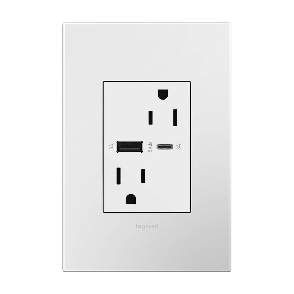 adorne Dual-USB, 15A, Tamper-Resistant, A/C USB Hybrid Outlet, White