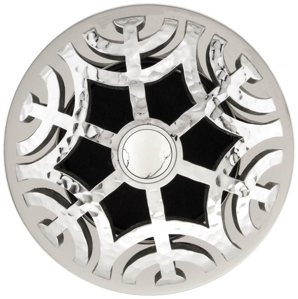 Linkasink - Maze Grid Strainer - Polished Hammered Finish..White Stone Screw, With Overflow - Polished Hammered Stainless Steel
