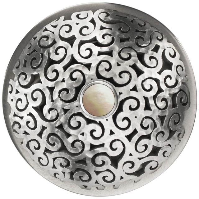 Linkasink - Swirl Grid Strainer - White Stone Screw, With Overflow - Satin Hammered Stainless Steel