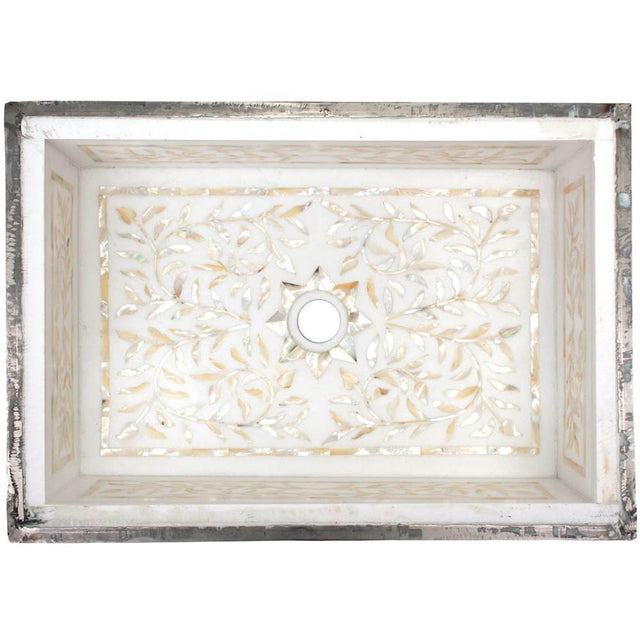 Linkasink - Rectangular Floral - White Marble with Mother of Pearl Inlay