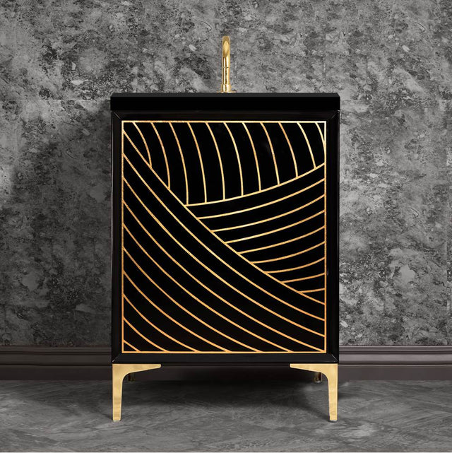 Linkasink - Lateen 24'' Wide Black Vanity with Hand Applied Metal Leaf and Polished Brass Hardware, 24'' x 22'' x 33.5'' (without vanity top) - Black with Polished Brass Hardware