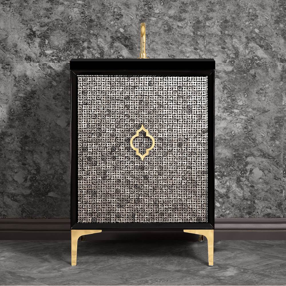 Linkasink - Mother of Pearl 24'' Wide Black Vanity with Polished Brass Arabesque Pull and Hardware, 24'' x 22'' x 33.5'' (without vanity top) - Black with Polished Brass Hardware
