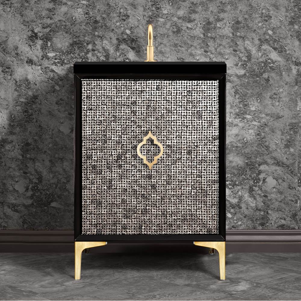 Linkasink - Mother of Pearl 24'' Wide Black Vanity with Satin Brass Arabesque Pull and Hardware, 24'' x 22'' x 33.5'' (without vanity top) - Black with Satin Brass Hardware