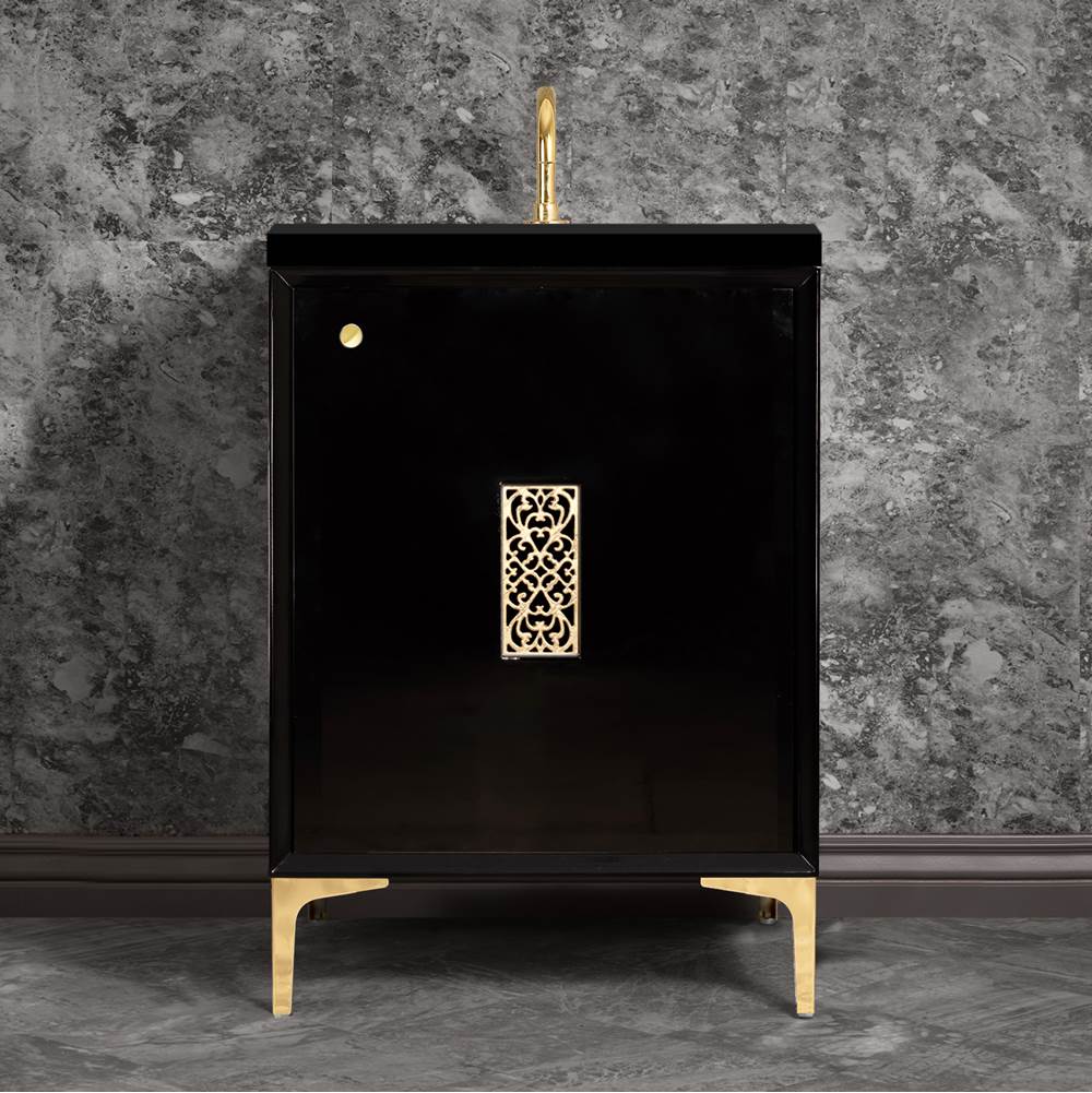 Linkasink - Frame 24'' Wide Black Vanity with Polished Brass Filigree Grate and Legs, 24'' x 22'' x 33.5'' (without vanity top) - Black with Polished Brass Hardware