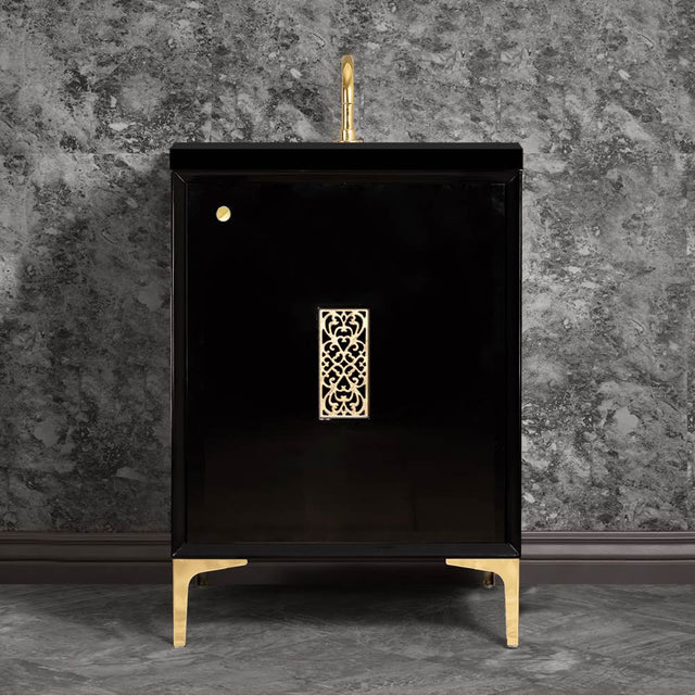 Linkasink - Frame 24'' Wide Black Vanity with Polished Brass Filigree Grate and Legs, 24'' x 22'' x 33.5'' (without vanity top) - Black with Polished Brass Hardware