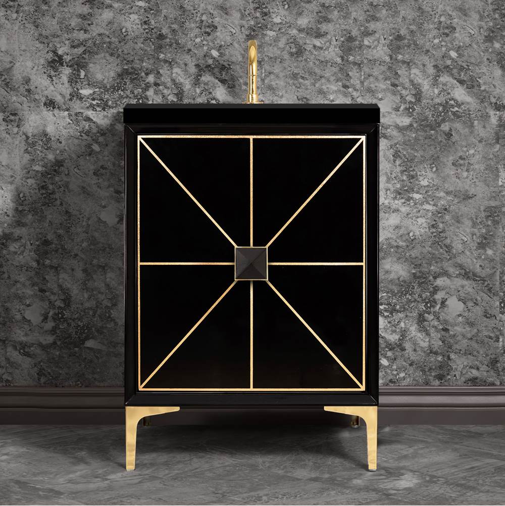 Linkasink - Divergence with 3'' Black Artisan Glass Prism, 24'' Wide Vanity, Black, Polished Brass Hardware with White Glass, 24'' x 22'' x 33.5'' (without vanity top) - Polished Brass with Black Glass