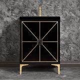 Linkasink - Divergence with 3'' Black Artisan Glass Prism, 24'' Wide Vanity, Black, Polished Brass Hardware with White Glass, 24'' x 22'' x 33.5'' (without vanity top) - Polished Brass with Black Glass
