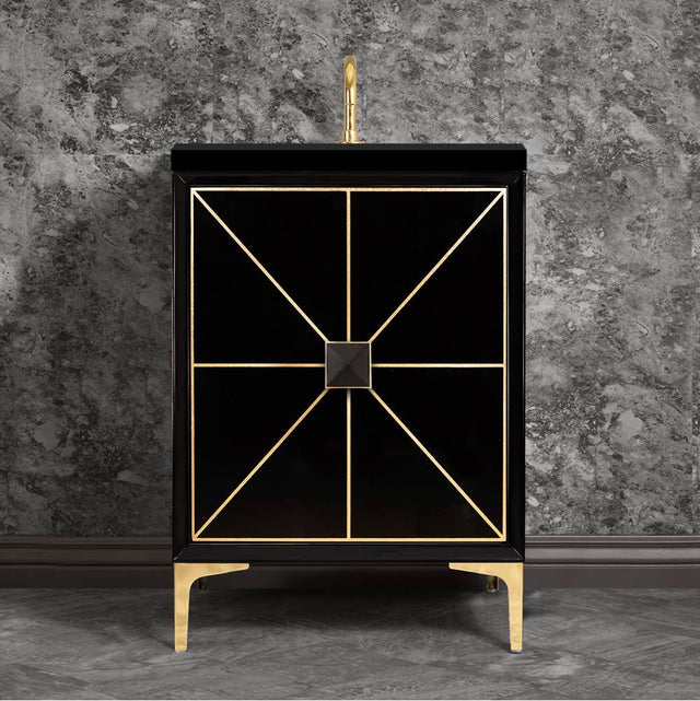 Linkasink - Divergence with 3'' Black Artisan Glass Prism, 24'' Wide Vanity, Black, Polished Brass Hardware with White Glass, 24'' x 22'' x 33.5'' (without vanity top) - Polished Brass with Black Glass