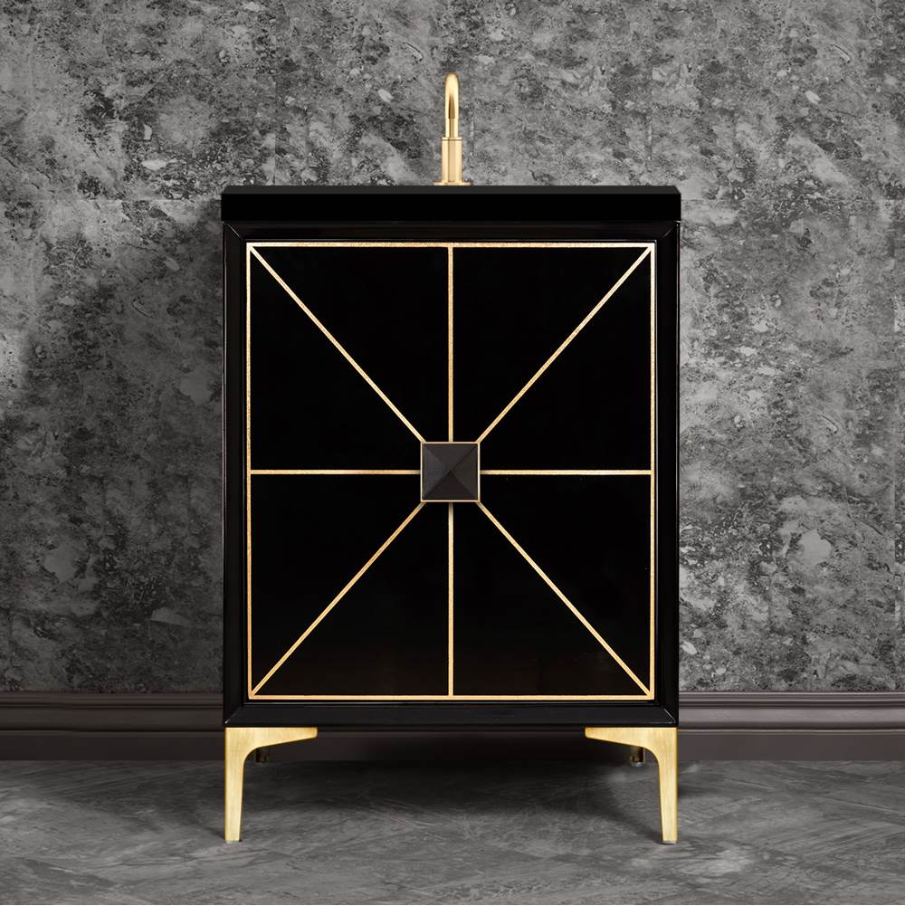 Linkasink - Divergence with 3'' Black Artisan Glass Prism, 24'' Wide Vanity, Black, Satin Brass Hardware with White Glass, 24'' x 22'' x 33.5'' (without vanity top) - Satin Brass with Black Glass