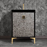 Linkasink - MOTHER OF PEARL with 3'' Artisan Glass Prism Hardware 24'' Wide Vanity, Black, Polished Brass Hardware, 24'' x 22'' x 33.5'' (without vanity top) - Polished Brass with Black Tiger Prism Glass