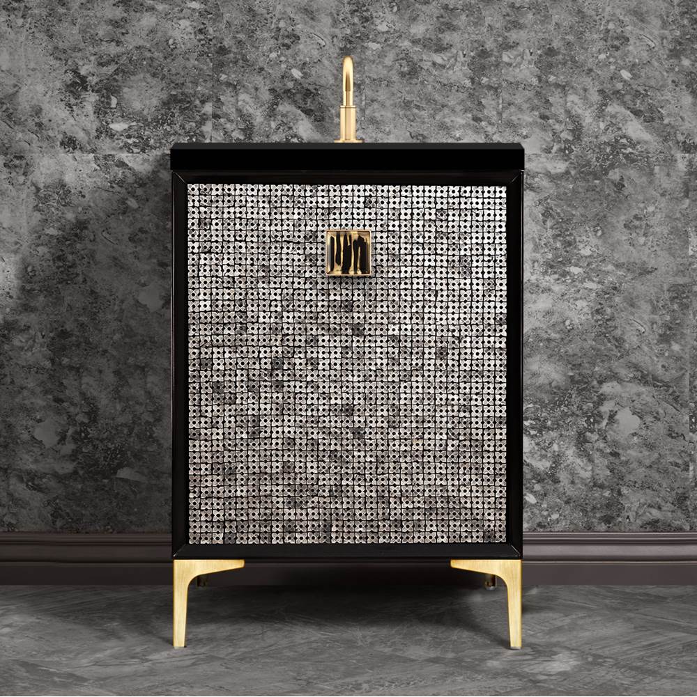 Linkasink - Mother of Pearl with 3'' Black Tiger Artisan Glass Prism, 24'' Wide Vanity, Black, Satin Brass Hardware with White Glass, 24'' x 22'' x 33.5'' (without vanity top) - Satin Brass with Black Tiger Prism Glass